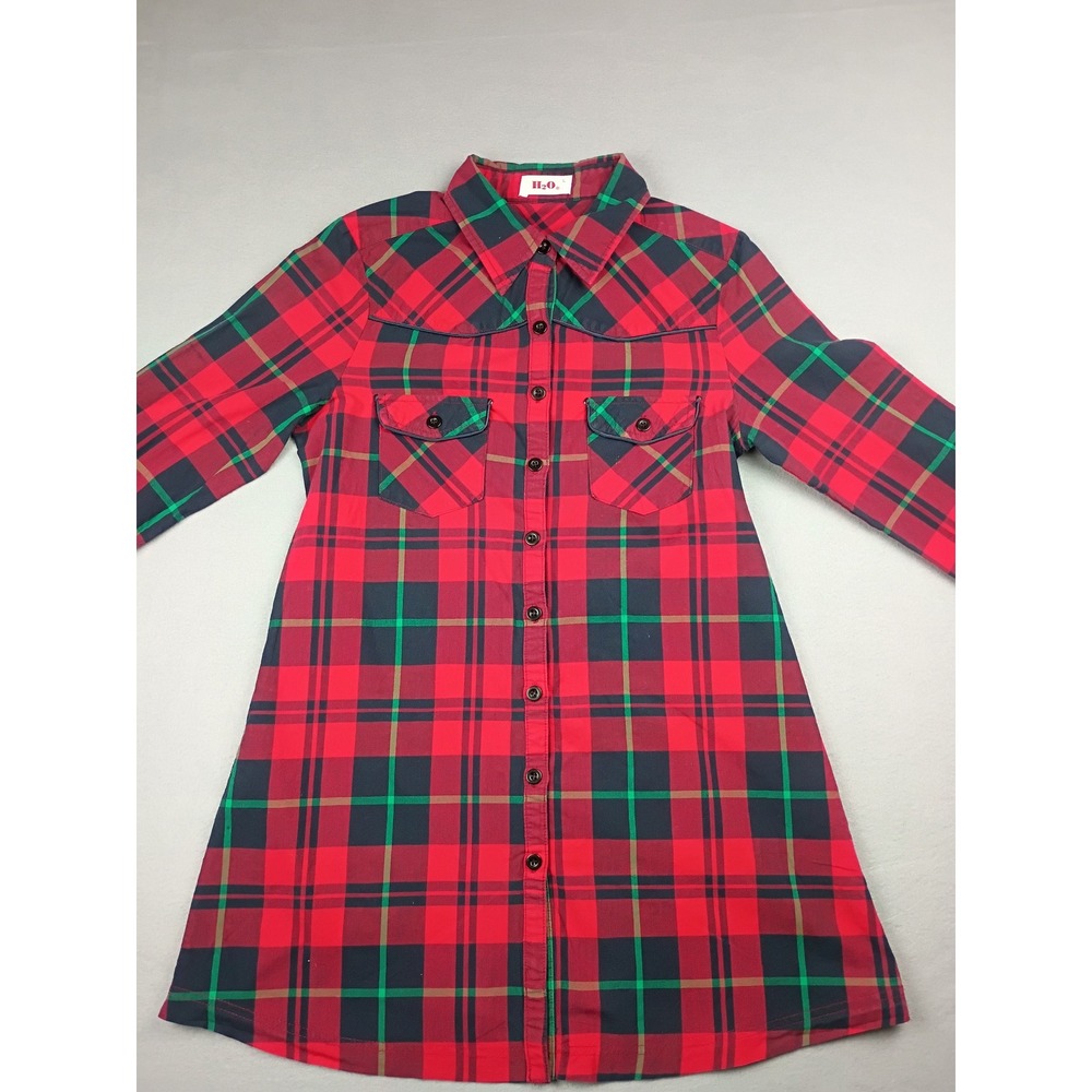H2O Red Green Plaid Western Button Down Shirt Dress Large Long Sleeve Tunic